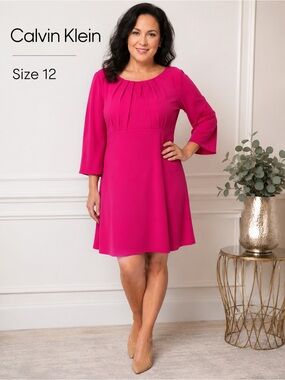 Calvin Klein Pink Fit & Flare Dress 3/4 Sleeve Career Cocktail cottagecore /12
